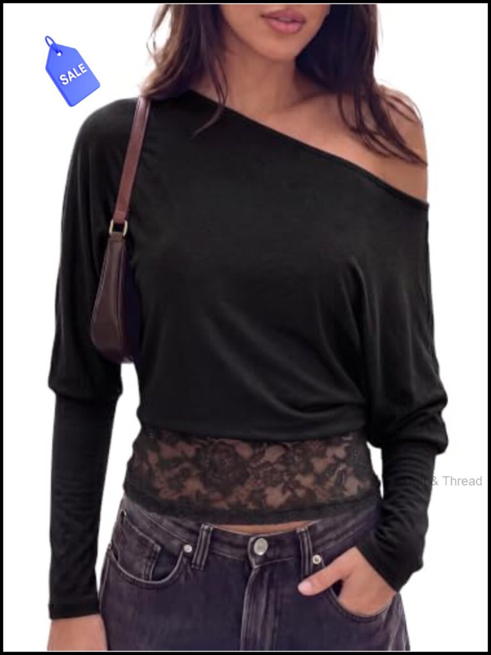 Off Shoulder Long Sleeve Crop Top Lace Hem Sheer